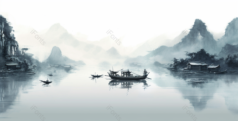 新中式蓝色水墨写实山水画,插画/手绘图,插画/手绘图库,插画/手绘图下载,插画/手绘